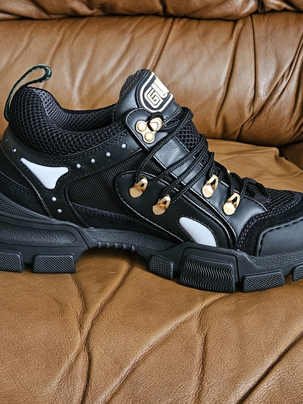 New Men's Gucci Flashtrek Black Leather Chunky Lace-Up Sneakers Size 6 - Picture 10 of 16